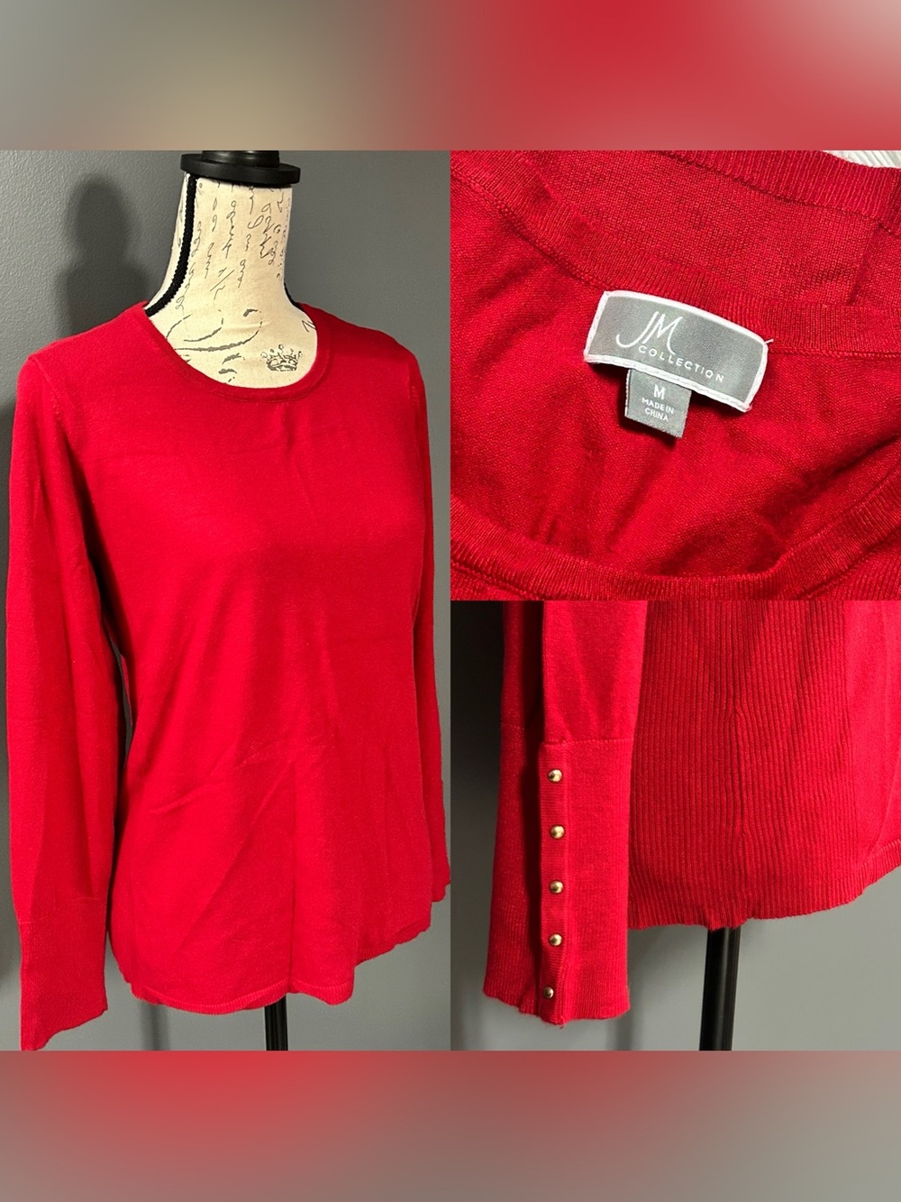JM Collection Red Long Sleeve Crewneck Top with Gold Button Cuffs
